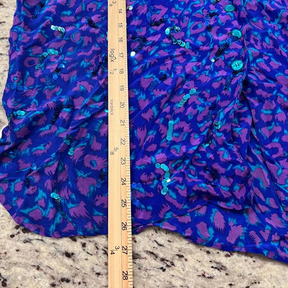 Vintage Diane Gilman 2X Silk Animal Print‎ Sequin Button Up Top Blue Purple 90s - Picture 7 of 7